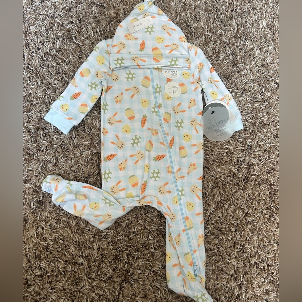 Milkberry Bamboo Easter Bunny Blue Gingham Zippy Footie Sleeper | Size 3-6 Month